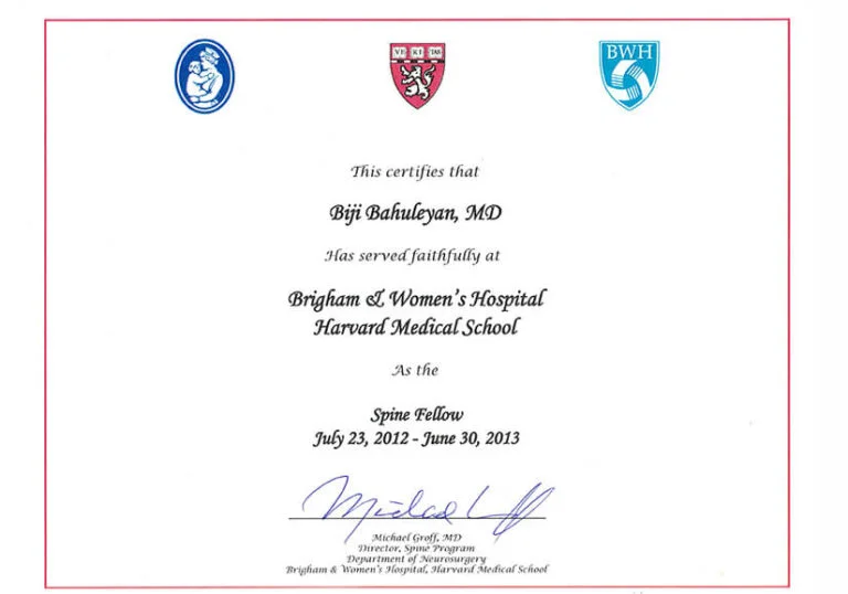 Harvard Certificate — Clinical Spine Surgery Fellowship — Brigham & Women's Hospital